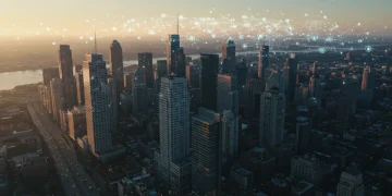City skyline at dawn symbolizing remote work shift
