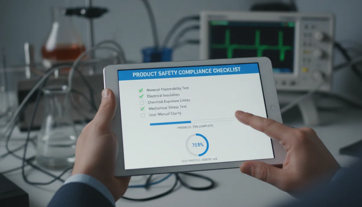 Digital checklist for product safety regulations on a tablet, symbolizing meticulous compliance tracking.