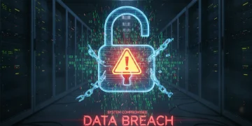 Digital lock with warning sign representing data breach