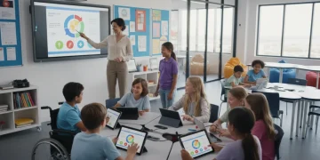 Diverse K-12 students learning in a modern classroom with technology.