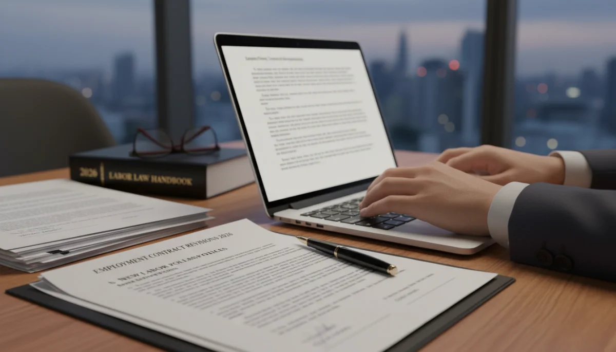 Hands typing on laptop, reviewing new employment contracts and labor policies