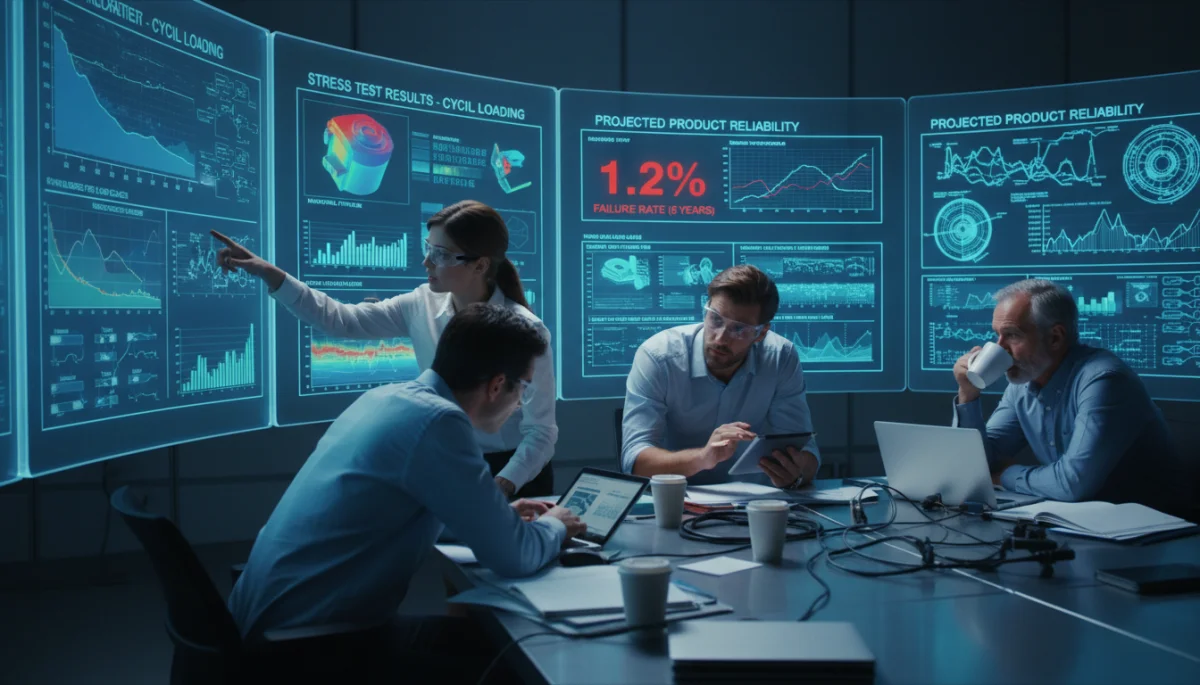 Engineers analyzing accelerated life test data on computer screens