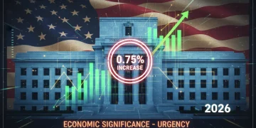Federal Reserve building with rising financial charts symbolizing a 0.75% interest rate hike for 2026.