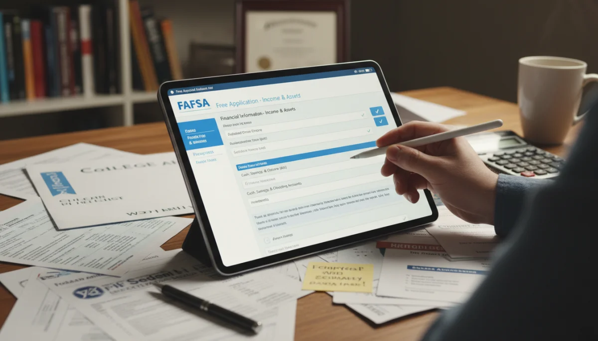 Hand filling out FAFSA form on tablet, surrounded by financial documents