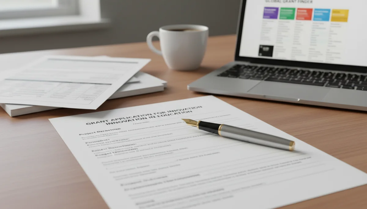 Grant application form with pen and financial documents, symbolizing the grant writing process.
