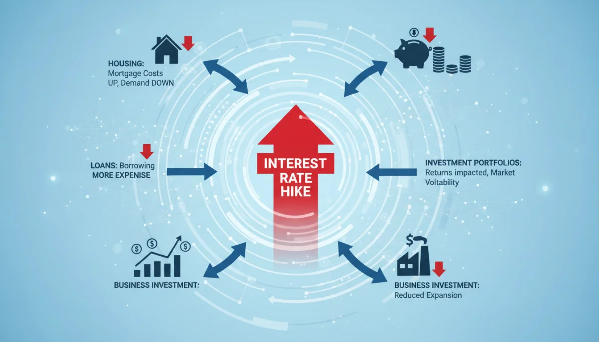 Diagram showing the ripple effect of interest rate increases on various economic sectors.