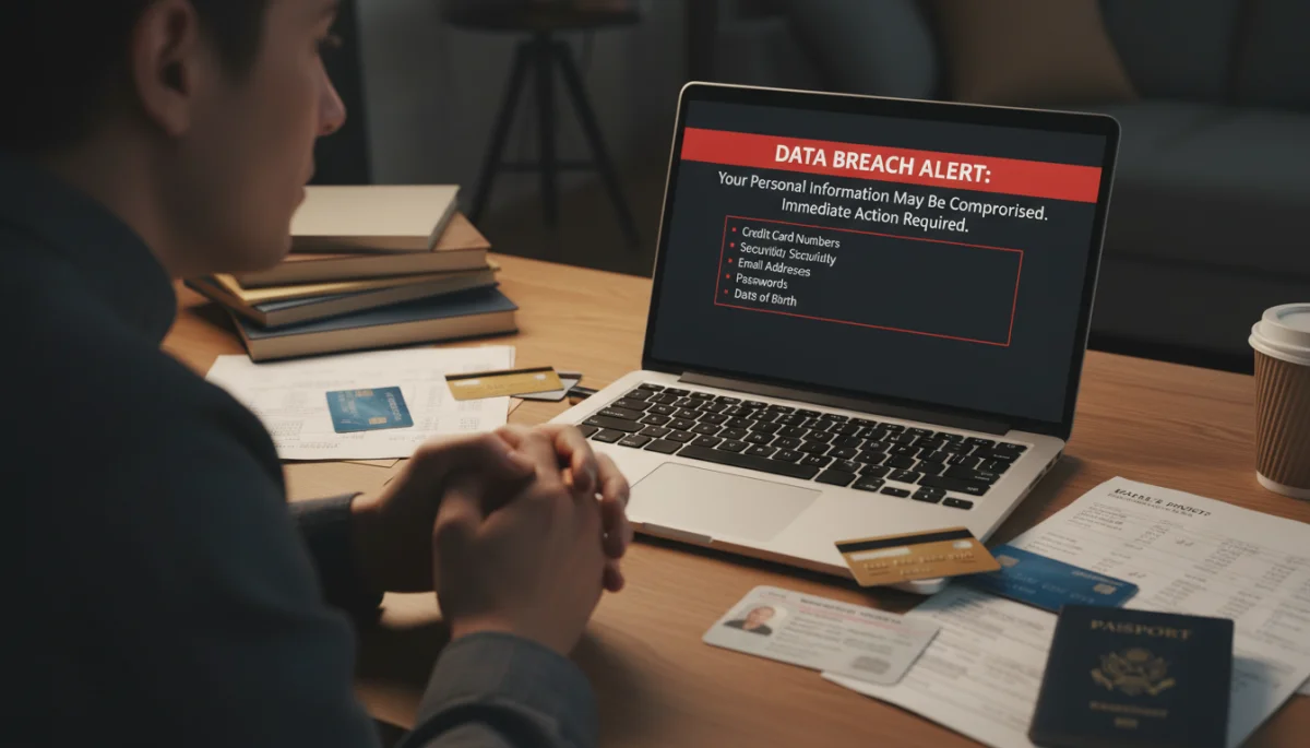 Anxious person reacting to data breach notification on laptop