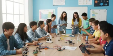 Students actively engaged in a STEM education project, building a small robot.
