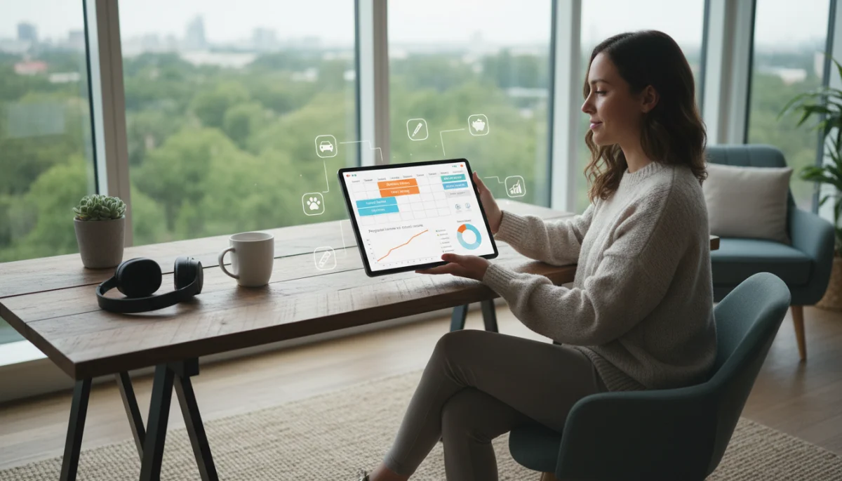 Individual planning gig work schedule and financial targets on a tablet in a home office.