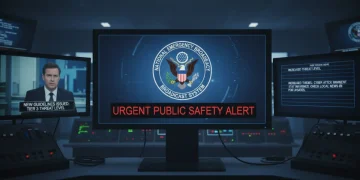 Emergency broadcast system alert with text 'Public Safety Guidelines' and a newscaster.