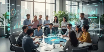 Professionals collaborating in a modern office, symbolizing career growth and upskilling for the future workforce.
