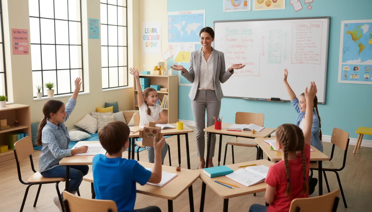 Teacher engaging students in a modern classroom setting