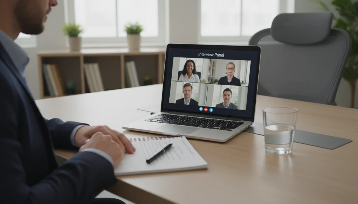 Candidate preparing for a virtual job interview with notes and laptop