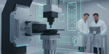 Advanced machine stress testing a smartphone in a lab to ensure product durability and prevent recalls.