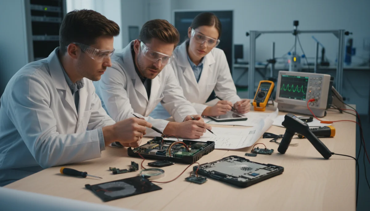 Engineers conducting detailed analysis of an electronic device for durability testing.