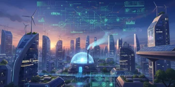 Futuristic clean energy landscape with solar, wind, and modern power plants