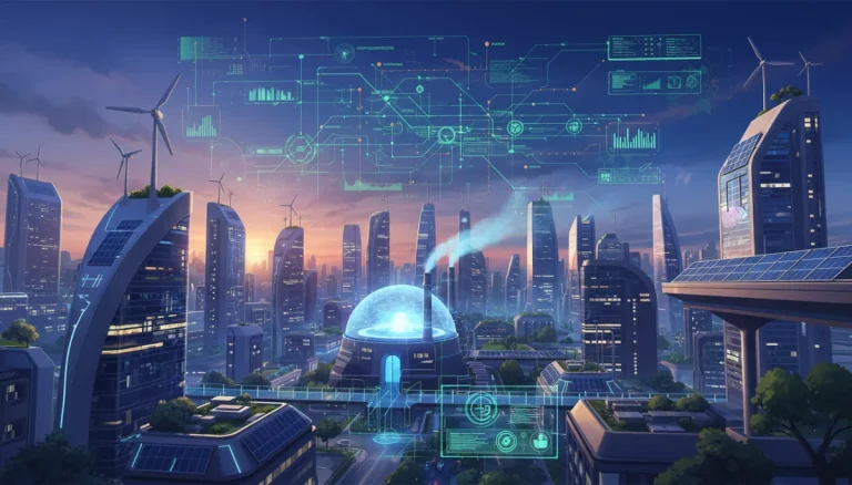 Futuristic clean energy landscape with solar, wind, and modern power plants