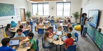 Students using educational technology in a modern classroom