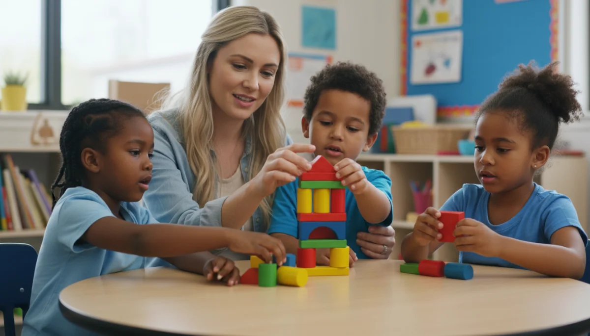 Teacher guiding children in hands-on learning activity